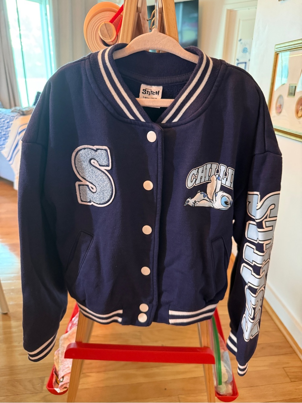 Disney Lilo & Stitch Kids Navy Blue Varsity Bomber Jacket 7-8 Y Spring Fall